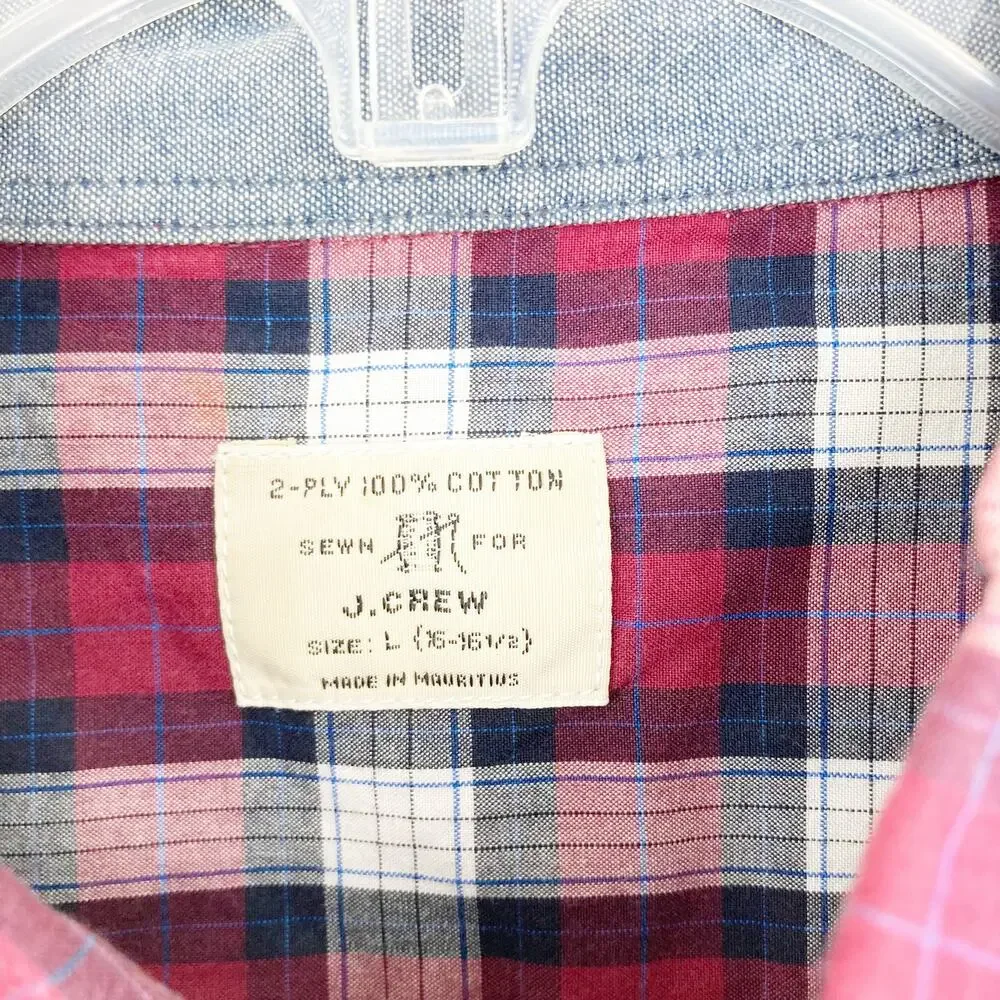 J. Crew Red White Black Plaid Long Sleeve Button Down Sz L